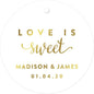 Andaz Press Personalized Round Circle Wedding Gift Tags, Metallic Gold Ink, Love is Sweet, 24-Pack, Custom Made Any Name
