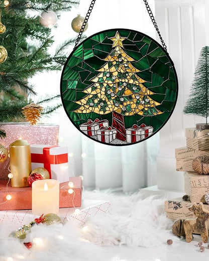 Stained Glass Window Hanging - Gold Green Christmas Tree Suncatcher for Doors Home Christmas Decoration Winter Sun Catcher Thanksgiving New Year Birthday Gifts for Women Men Mom Nana 11.8 in