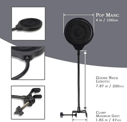YOUSHARES Pop Filter - 4 Inch 3 Layers Metal Windscreen with Flexible 360° Gooseneck Clip Mic Mask Shield Compatible with Shure MV7 Mic