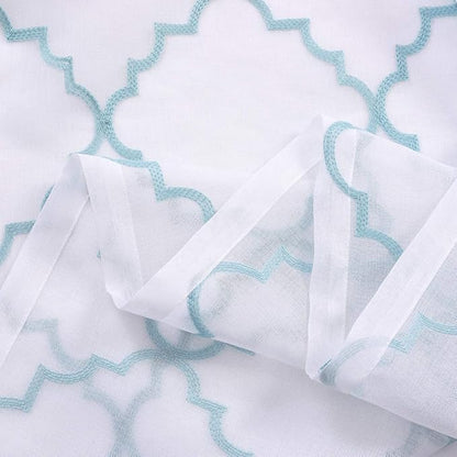 Embroidery Sheer Curtains Blue 95 Inches Long, Window Treatments Rod Pocket Drapes for Living room, Bedroom, Moroccan Design Crinkle Voile Curtain Panels for Yard, Villa, Parlor, Set of 2, 52"x 95".