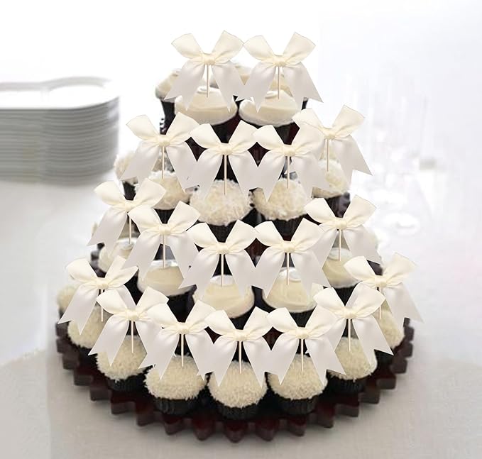 24 PCS Bow Cupcake Toppers Bowknot Coquette Bow Girls Birthday Cake Decorations Bow Cake Toppers Bowknot Cupcake Picks for Baby Shower Birthday Wedding Bridal Engagement Party Supplies Beige