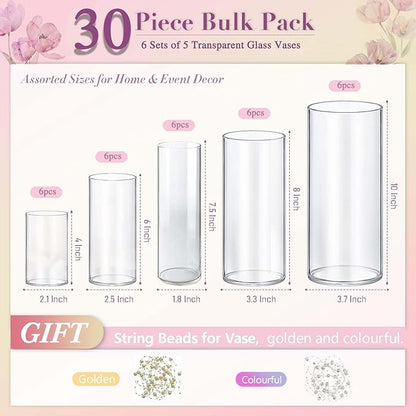 30pcs Glass Vase Cylinder Vases for Centerpieces Small Flower Glass Clear Vases Home Decor Centerpiece Table Flower Vase Decorations for Wedding Decoration＆Holiday Mixed Sizes Tall
