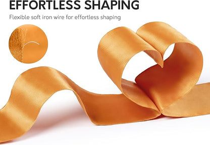 Orange Satin Ribbon Double-Faced Wired Ribbons for Gift Wrapping Flower Bouquet Bows Wedding Invitation Christmas Decor Crafts 2-1/2 Inch 10 Yards