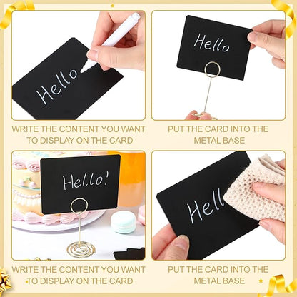 TecUnite 12 Pcs Mini Chalkboard Signs, 4"x3" Small Chalkboard Label with Metal Stand 2 Water Based Chalk for Food Buffet Tabletop Blackboard Sign for Party Bakery(Gold,3.4 x 1.6 in)