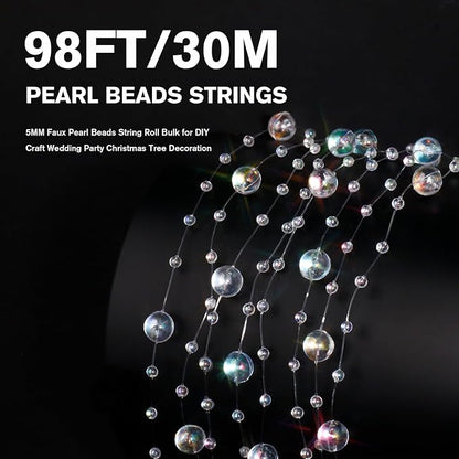 98FT Pearl Beads String Garland, 8mm 3mm Iridescent Faux Pearl Beads Roll Strand Bulk for Wedding Party Flower Christmas Decoration DIY Craft