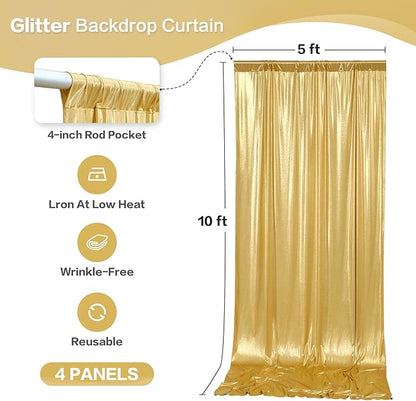 gogoparti 20x10FT Gold Sequin Backdrop Curtain - 4 Panels of 5x10FT Wrinkle-Free Glitter Drapes for Photography, Birthdays, Weddings & Graduations
