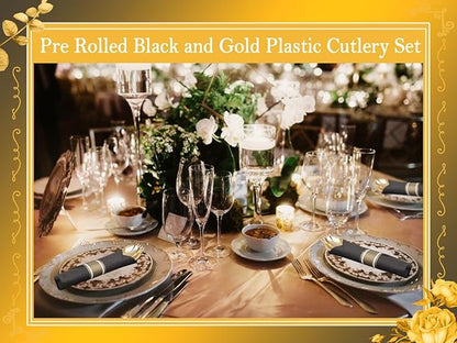 Supernal 60 Pack Gold Silverware, Rolled, Pre Wrapped with Black Napkins, Heavy Duty Plastic Cutlery, Forks and Spoons