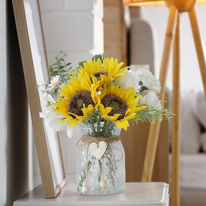 Artificial Sunflower Bouquets in Vase with a Flower Arrangement Holder - Centerpieces for Dining Room & Coffee Table Decor