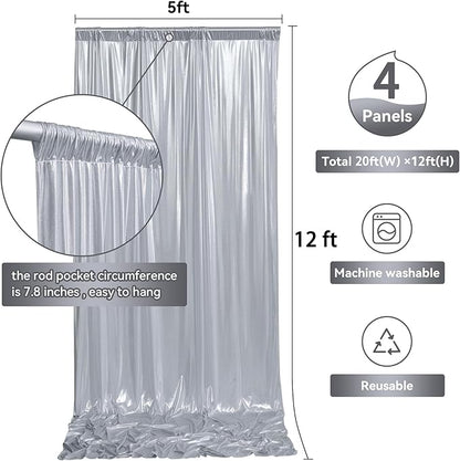 20ftx12ft Silver Sequin Backdrop Curtain Panels for Parties, Wrinkle Free Glitter Photo Backdrop Drapes 4 Panels 5x12FT Shimmer Back Drop Cloth for Wedding Birthday Christmas Photography Background