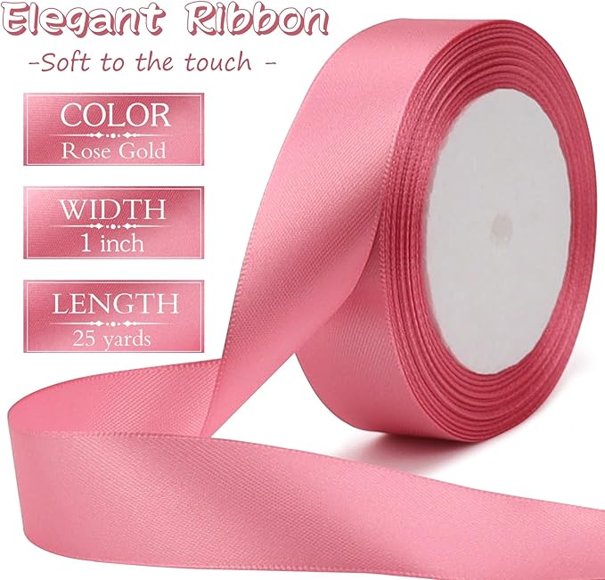Rose Gold Solid Satin Ribbon 1 Inch 25 Yards Solid Polyester Fabric Ribbon for Gift Wrapping Wedding Christmas Baby Shower Birthday Party Decoration Handmade Immortal Flower Craft