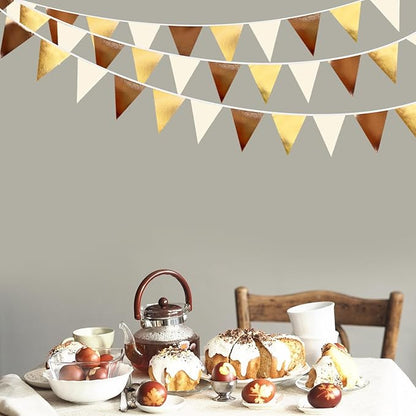 Brown Beige and Gold Party Decorations Fabric Triangle Pennant Banner Flag Bunting Garland for Boho Neutral Rustic Cowboy Western Teddy Bear Birthday Baby Shower Graduation Engagement Party Supplies
