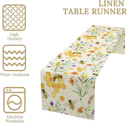 Summer Bee Table Runner, Seasonal Spring Wildflowers Bee Yellow Honeycombs Farmhouse Table Runner for Kitchen Dining Table Home Party Decor, 13x108inch