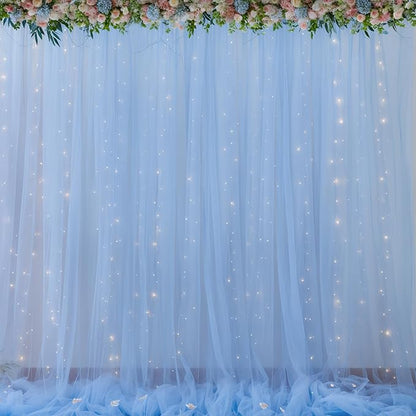20x8ft Baby Blue Tulle Backdrop Curtains with Lights for Party Wedding Baby Shower, Sheer Drape Backdrop Curtains for Birthday Party Photo Booth Background Decoration