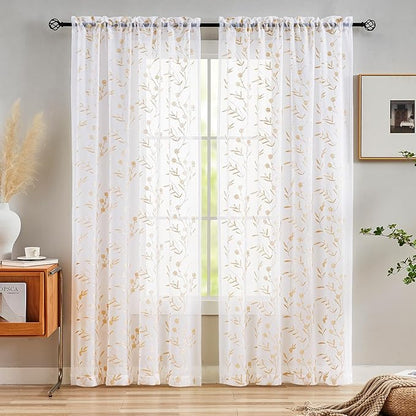 Sheer Curtains with Desin White-Beige Floral Embroidery 84 Inch Long Rod Pocket Lace Drapes for Living room, Bedroom, 2 Panels, 52"x84", Semi Voile Outdoor Window Treatment Sets for Yard, Patio.
