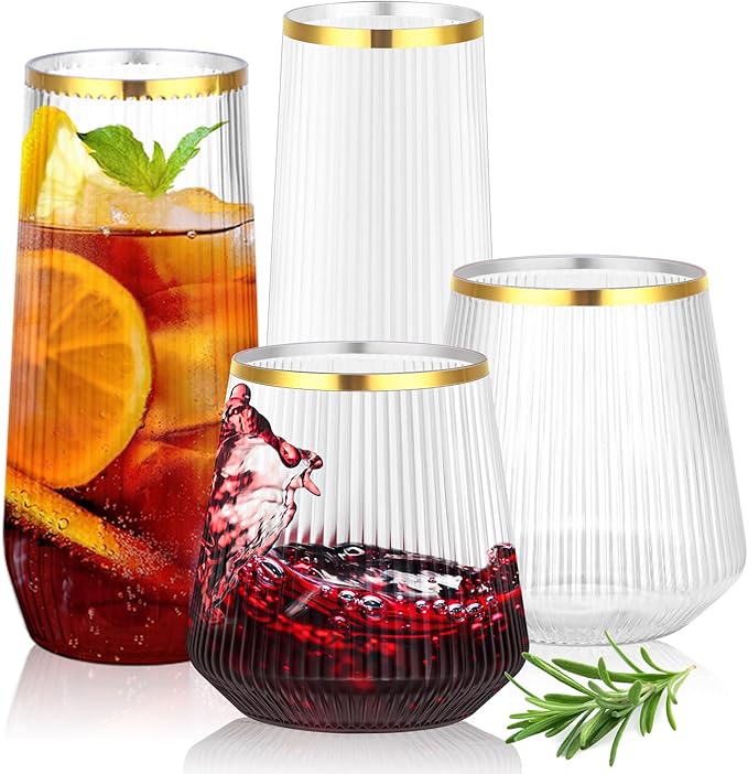 mwellewm 48 Pcs Plastic Wine Glasses Disposable, Cocktail Glasses Set 9 OZ Stemless Champagne Flutes 12 OZ Ribbed Origami Ripple Reusable Party Cup for Wedding Home Office Bar Drinking(Gold Rim)