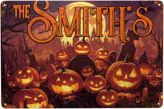 Personalized Halloween Metal Sign with Family's Name or Text Custom Pumpkin Wall Decor Signs Fade Resistance for Indoor Outdoor Spooky Gifts for Friends Family