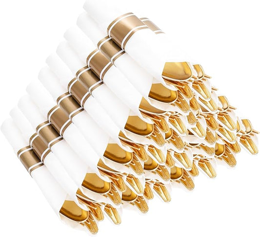 400PCS Pre Rolled Gold Plastic Silverware Sets - Heavy Duty Fancy Gold Cutlery - Include 100 Pack Wrapped Disposable Utensils with Napkins for Parties, Dinners & Weddings