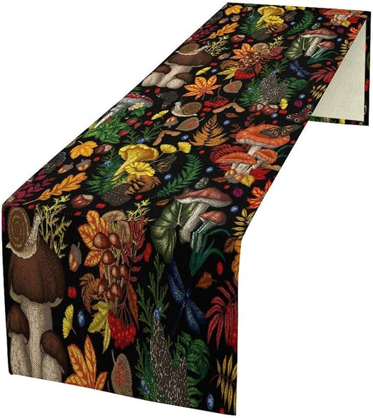 Nature Mushroom Table Runner,Retro Boho Floral Botanical Plant Forest Pattern Print Tablecloth Burlap for Hotel Indoors Outdoor Dining Room Kitchen Holiday Party, 13x36in
