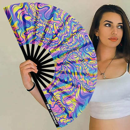 UV Glow Rave Fan, Bamboo Folding Clack Hand Fans Foldable for Men Women, Boots on the Ground Poping Fan for EDM Festival Line Dance Decoration, (Waves-2, Large 13")
