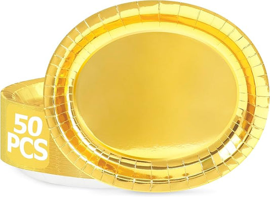 QZYL 50 Pcs Gold Foil Paper Plates, 12.2'' X 10.2'' Oval Large Paper Plates, Dinner Plates Party Decorations Disposable Plates for Birthday Wedding Picnic Graduation Ceremony Anniversary Daily Use