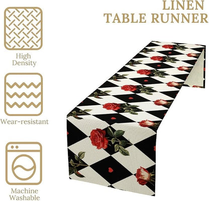 Vintage Rose Table Runner, Red Rose Hearts Black White Checkered Background Table Runner for Kitchen Dinning Table Runner Decor Home Wedding Party Holiday, 13x60 Inch