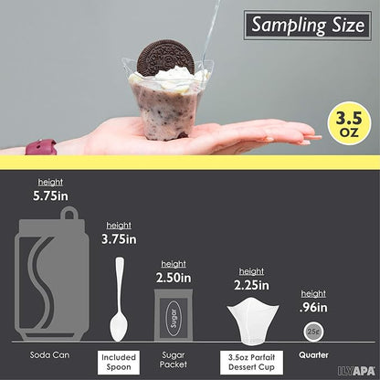 Ilyapa 3.5oz Plastic Dessert Cups - 100 Pack Mini Dessert Cups with Spoons - Clear Reusable Small Appetizer Cup for Cheesecake Shooters, Chocolate Mousse - Party and Catering Supplies - Parfait