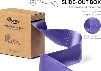 Purple Satin Ribbon Double-Faced Wired Ribbons for Gift Wrapping Flower Bouquet Bows Wedding Invitation Christmas Decor Crafts 1-1/2 Inch 10 Yards