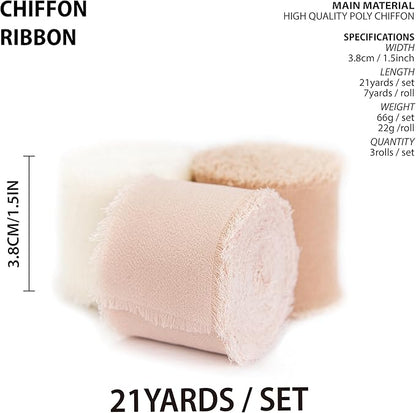 Vitalizart Pink Handmade Chiffon Silk Ribbon Fringe 1.5" x 21 Yd Blush Pink & White Frayed Edges Ribbons for Wedding Invitations Bridal Bouquets Gifts Wrapping Crafts Holiday Party Decorations