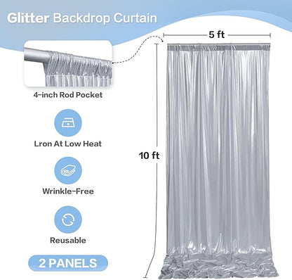 gogoparti 10x10FT Silver Sequin Backdrop Curtain - 2 Panels of 5x10FT Wrinkle-Free Glitter Drapes for Photography, Birthdays, Weddings & Graduations