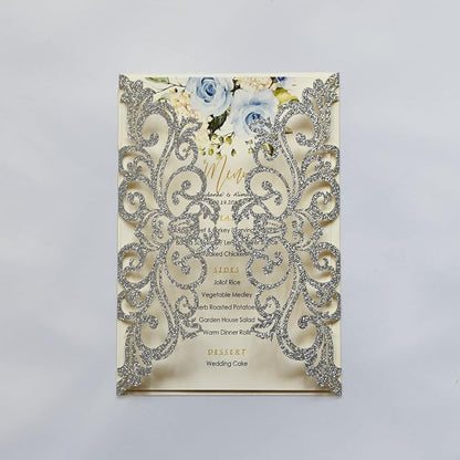 25PCS Silver Glitter Laser Cut Wedding Invitations Cards with Envelopes,Blank Inner Sheets,Ribbons for Wedding Bridal Shower Quinceañera Engagement Birthday Invites