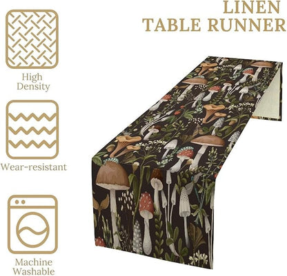 Mushroom Table Runner,Retro Forest Wildflower Botanical Plants Flower Art Pattern Print Burlap Hotel Indoors Outdoor Dining Room Kitchen Holiday Party, 13x60in
