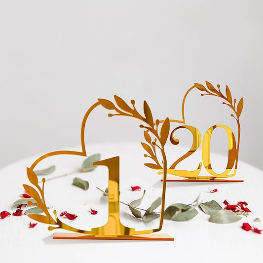 Gold Acrylic Heart-Shaped Table Numbers 1-20 for Weddings, Anniversaries, Parties, Birthdays, Events | 4.5" x 4.5"