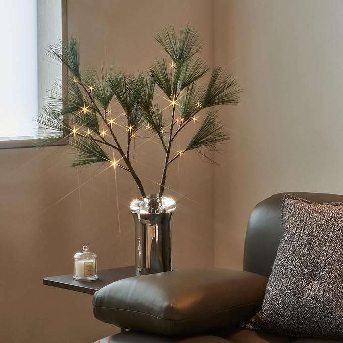 Fudios Lighted Pine Branches with Timer 32IN Battery Operated or USB Plug in, Lit Willow Branches with Lights for Christmas Fireplace Mantle Decor