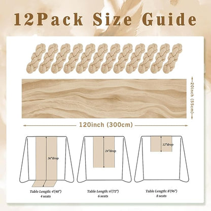 Sand 12 Pack 10FT Cheesecloth Table Runner 20 x 120 Inch Long Rustic Gauze Cheese Cloth Table Runner for Wedding Bridal Baby Shower Table Decorations Boho Fabric Sheer Birthday Party Table Decor