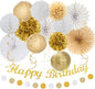 White Champagne Gold Birthday Party-Decorations - 21pcs Happy Birthday Banner,Paper Lanterns,Tissue Pom Poms Flower Fan,Honeycomb Ball,Swirl Streamers Garland Supplies Women Men Decor Huglony