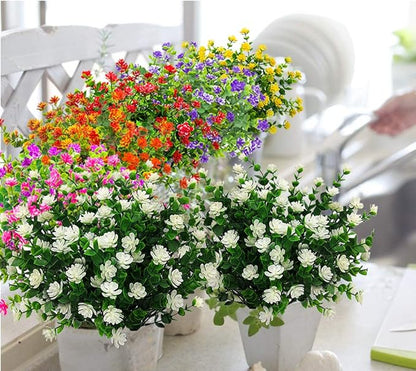 10 Bundles Artificial Fake Flowers, Faux Outdoor Plastic Plants UV Resistant Shrubs Outside Indoor Decorations (White-Eucalyptus)