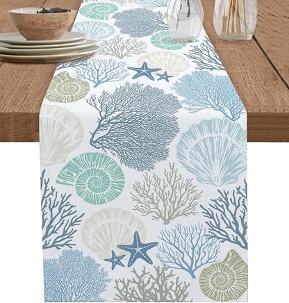 Coastal Coral Cotton Linen Table Runner for Dining Kitchen, Wedding Outdoor Party Tablerunners Decoration, Blue Nautical Starfish Ocean Shell Beach Dresser Scarf Coffee Tablecloth Runners 13x60 Inches