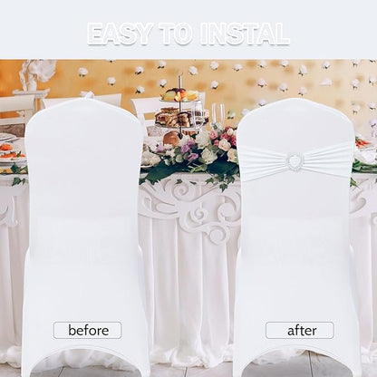 Howhic Pack of 60 Spandex Chair Sashes Bows Stretch Chair Cover Band with Buckle Slider Universal Elastic Chair Ties for Wedding Banquet Party Event Decoration (White)