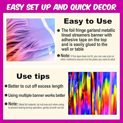 4 Pack 10 Ft Rainbow Foil Fringe Garland Metallic Streamers Tinsel Banner Wall Hanging Garland Backdrop for Parade Floats, Halloween, Christmas, Thanksgiving, New Year Party Decorations
