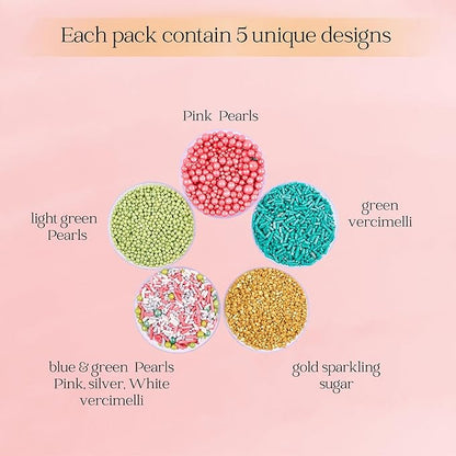 Confect Cool Mom Sprinkles Mix – 5 Pack Assorted Cake & Cupcake Decorations (Teal Jimmies, Green Dragees, Pink Pearls, Sparkling Gold Sugar) –Fun Dessert Toppings for Baking, Parties & Gifts – Vegan, Gluten-Free, Nut-Free, Soy-Free, Dairy-Free, Palm Oi...