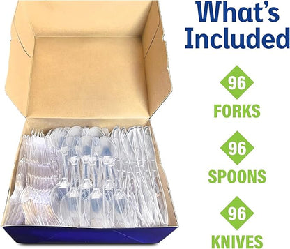 Diamond® All Occasion Clear Disposable Cutlery Set 288 Count – 96 Forks, 96 Spoons, 96 Knives, Premium Polystyrene, Crystal Clear, Party & Everyday Use