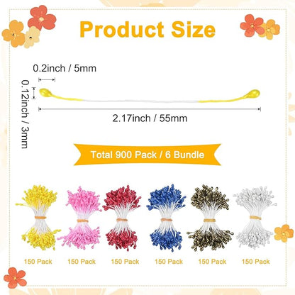 900-Pack Flower Stamens for Crafts, 5mm Double Heads Artificial Pearl Floral Pistil Mini Flower Pollens Stamens for DIY Making/Scrapbook Decoration [Dark Pink and 5 Colors]