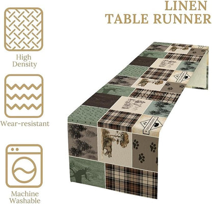 Bear Deer Table Runner,Rustic Lodge Retro Country Farmhouse Buffalo Plaid Print Tablecloth Burlap for Hotel Indoors Outdoor Dining Room Kitchen Home Decor,W13X L90 in