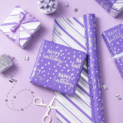 LeZakaa Reversible Purple Birthday Wrapping Paper Roll for Girls Women, Happy Birthday Lettering & Stripe Pattern with Metallic Foil in Purple, Mini Roll, 17 inches x 32.8 Feet (46.45 sq.ft.)