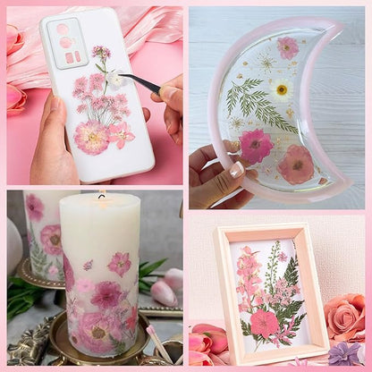 50pcs Pink Pressed Flowers Bulk, Romantic Dried Flower Leaves, Natural Pressed Dried Flowers with Tweezer for DIY Crafts Resin Mold Candles Cake Bridal Scrapbooking Supplies