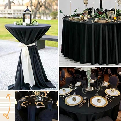 fani 12 Pack 108 Inch Black Satin Tablecloth - Premium Bright Silky Round Tablecloth Overlay Smooth Fabric Table Cover, Table Decoration for Wedding Party Banquet Events Restaurant Kitchen Dining