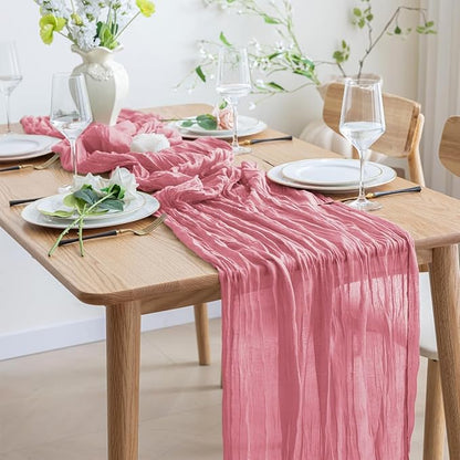 Asee'm 2pcs Cheesecloth Table Runner 120 Inches Dusty Rose Boho Gauze Cheese Cloth Runner 10FT Rustic Sheer Table Runners for Summer Wedding Baby Shower Holiday Party Decoration