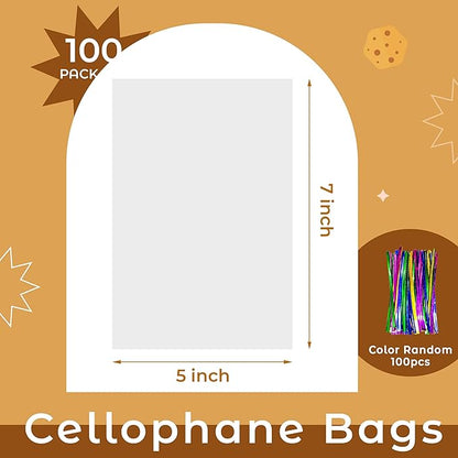NPLUX 100 Pack Cellophane Bags Small Plastic Cookie Bag Clear Treat Bags with Twist Ties for Small Gift Party Favors, Bakery, Candy, Popcorn(4×6In)