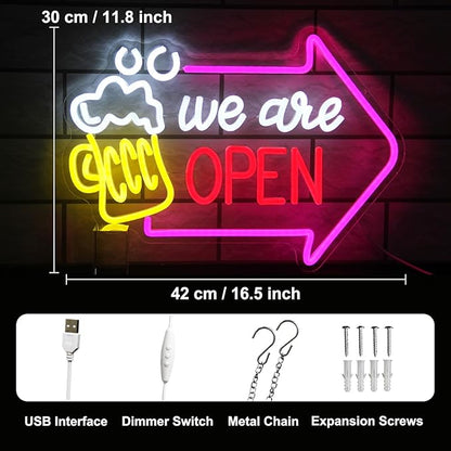 We Are Open Bar Neon Sign Beer Neon Lights Open with Arrow LED Signs for Wall Dimmable Bar Neon Light Up Sign for Man Cave Pub Restaurant Tavern Hotel Business Shop Decor 16.5 x 11.8 Inch