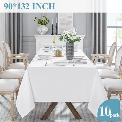 VidaFete Table Cloth 90 * 132inch 10pack Rectangle Tablecloth Polyester, Stain Wrinkle Resistant Polyester Dining Table Cover for Kitchen Dinning Party Wedding Rectangular Tabletop Decoration(White)